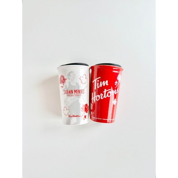 NIB TIM HORTONS x Shawn Mendes Ceramic Travel Mugs - Red/White - Picture 2 of 8